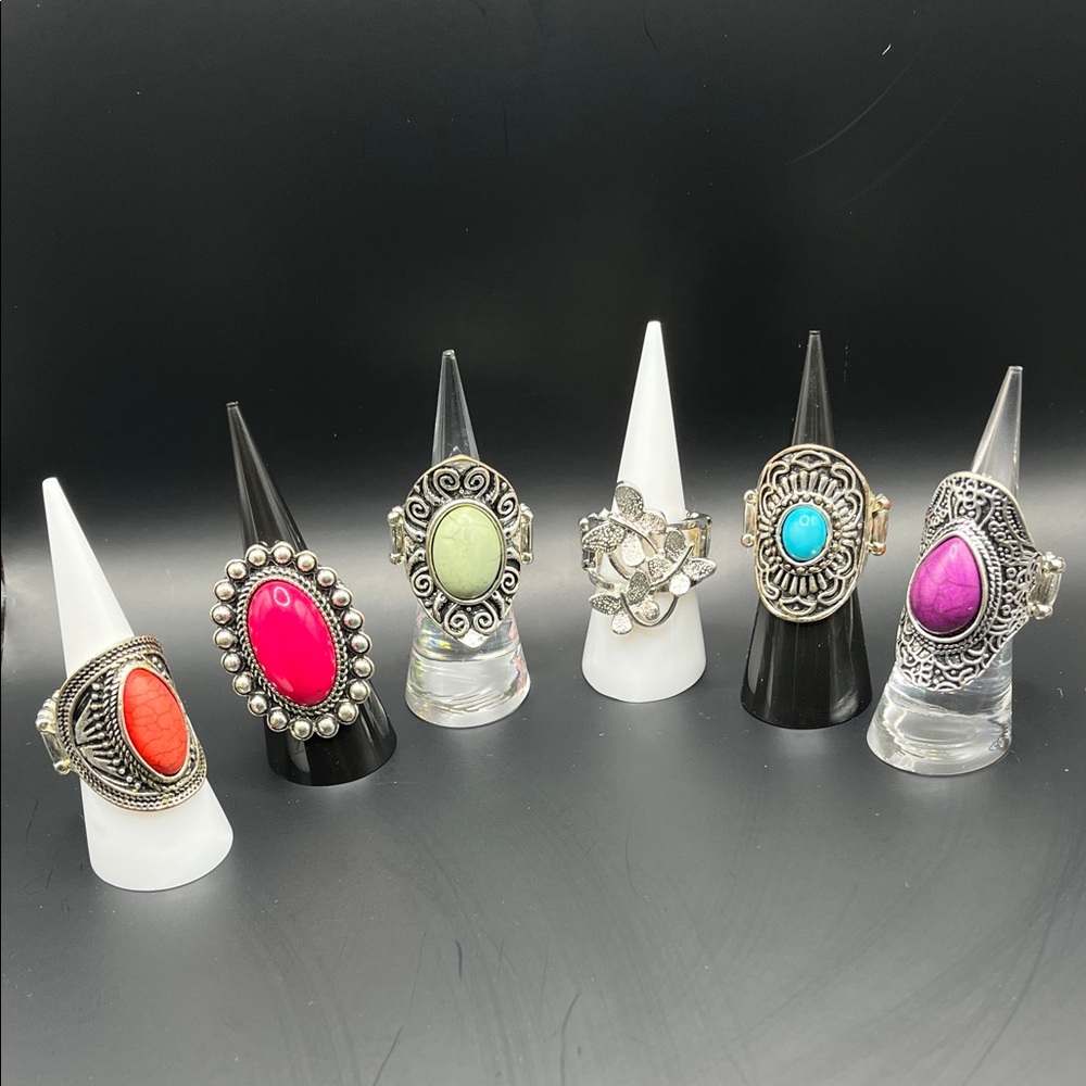 6 Stretchy Assorted Women’s Silver-Tone Statement Rings with Color Gemstones